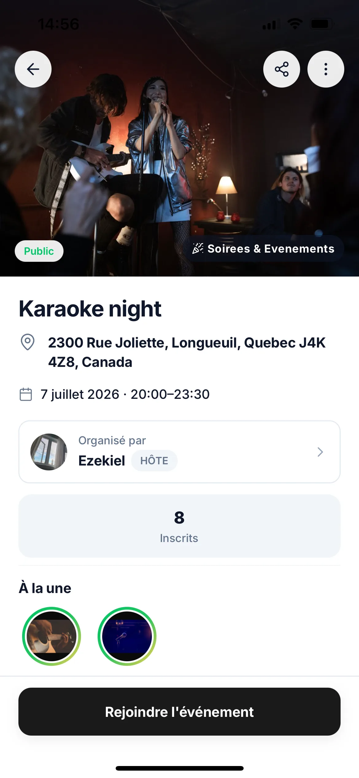 Page de détail d'un événement dans JoinSpot